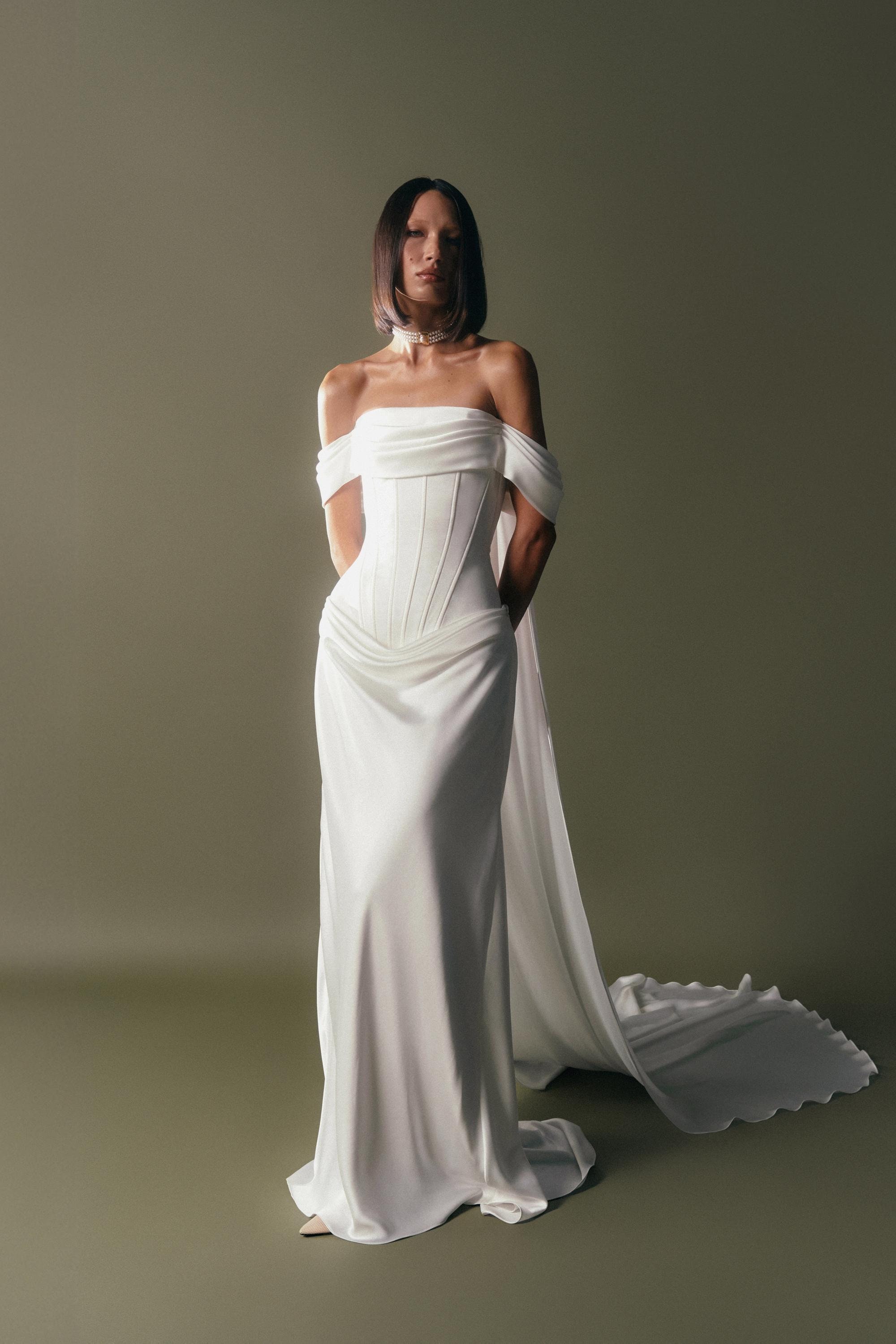 Off-shoulder corset satin wedding dress Drop waist strapless silk wedding dress Modern minimalist sheath bridal gown FRIDA