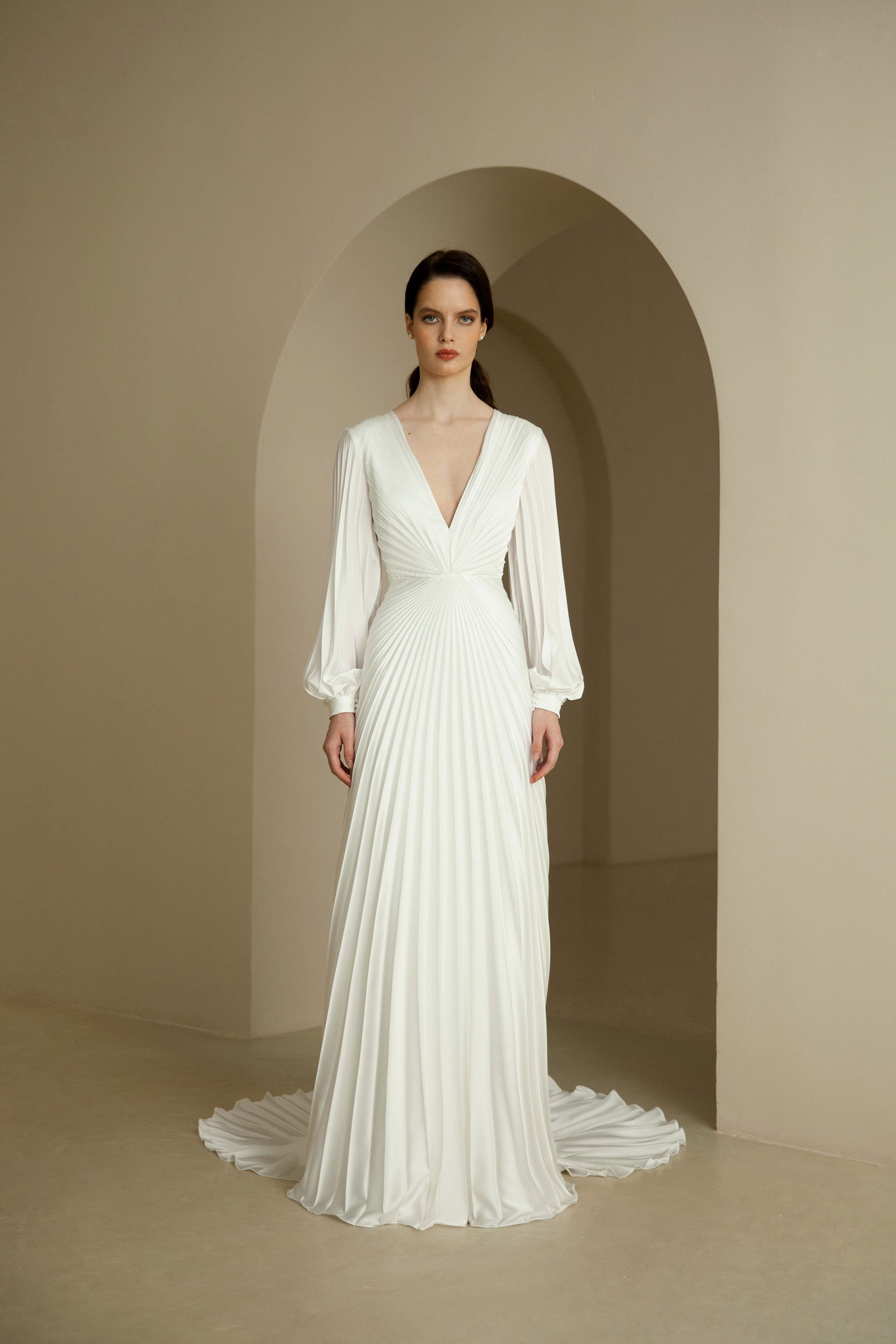 Pleated Long Sleeve Wedding Dress Minimalist Satin Wedding Dress A Line — free download