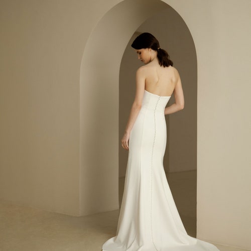 Minimalist strapless wedding dress with buttons down the back Modern crepe wedding dress Button back bridal gown Simple fit & flare gown EVE