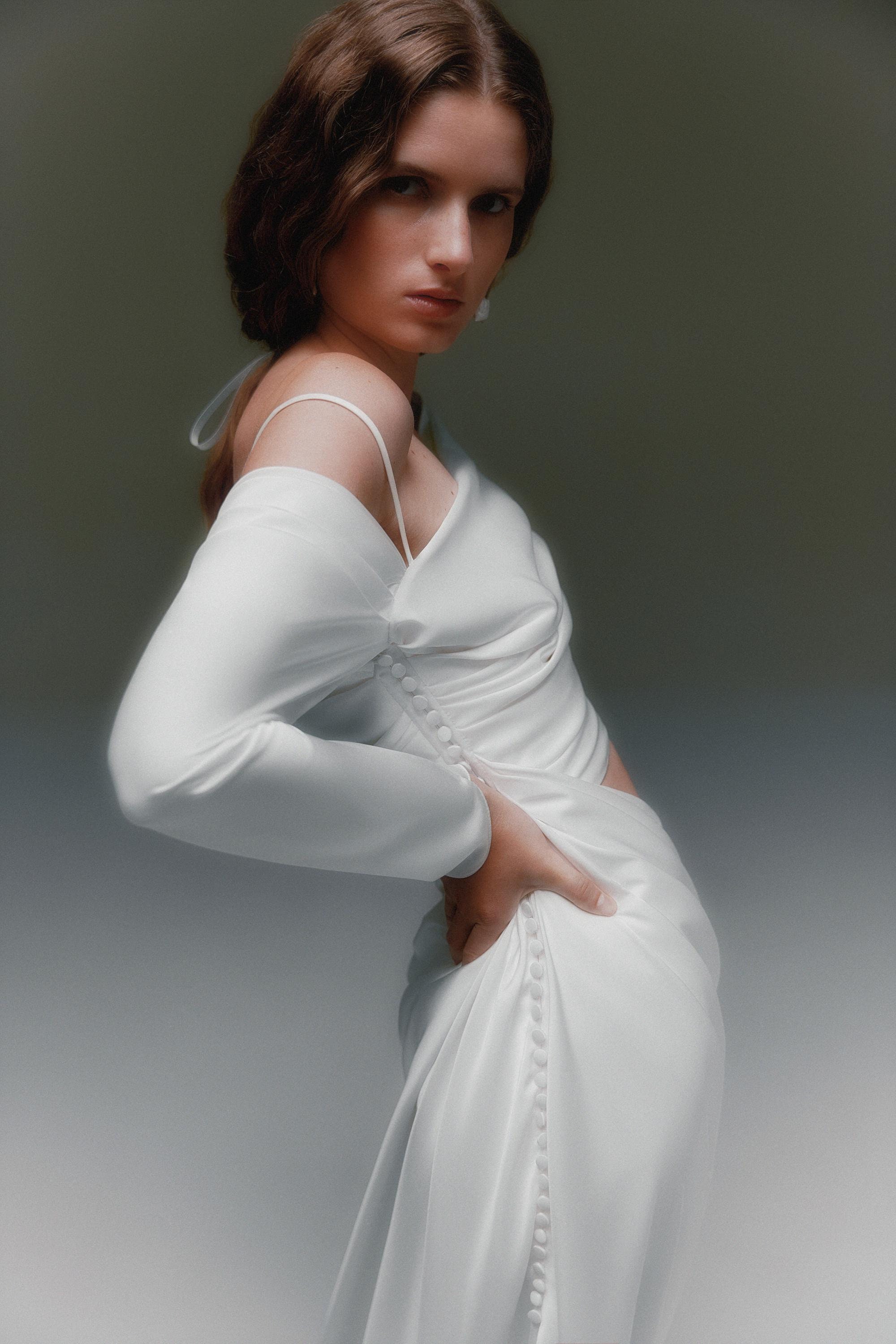 Draped Satin Wedding Dress Asymmetric One Shoulder Wedding Dress Minimalist Long Sleeve Wedding Dress Modern Slit Cutout Bridal Gown Phoebe