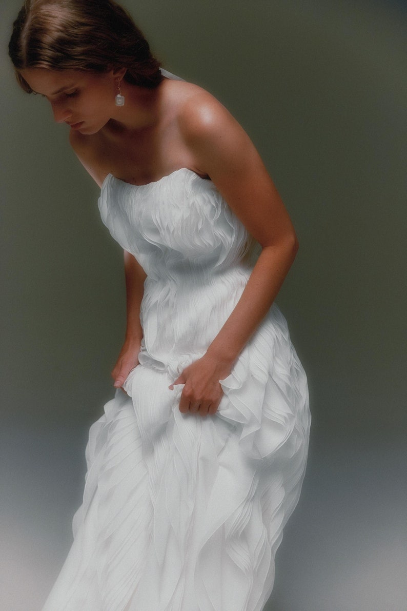 Strapless textured wedding dress Romantic A-line chiffon wedding dress Modern diaphanous bridal gown Flowy texture wedding dress OPHELIA image 5