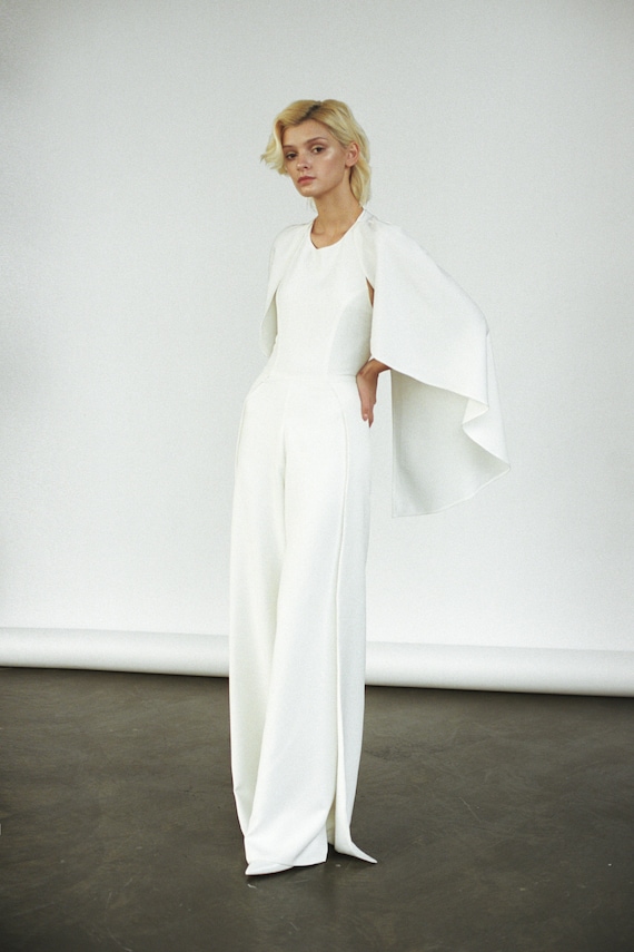 Modern Bridal Jumpsuit Minimalist off White Wedding Pantsuit Cape