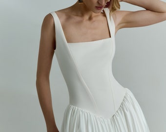 Drop waist wedding dress Square neck basque waist wedding dress Minimalist A-line wedding dress Modern silk satin ball wedding gown LYNN Drop waist wedding dress Square neck basque waist wedding dress Minimalist A-line wedding dress Modern silk satin ball wedding gown LYNN