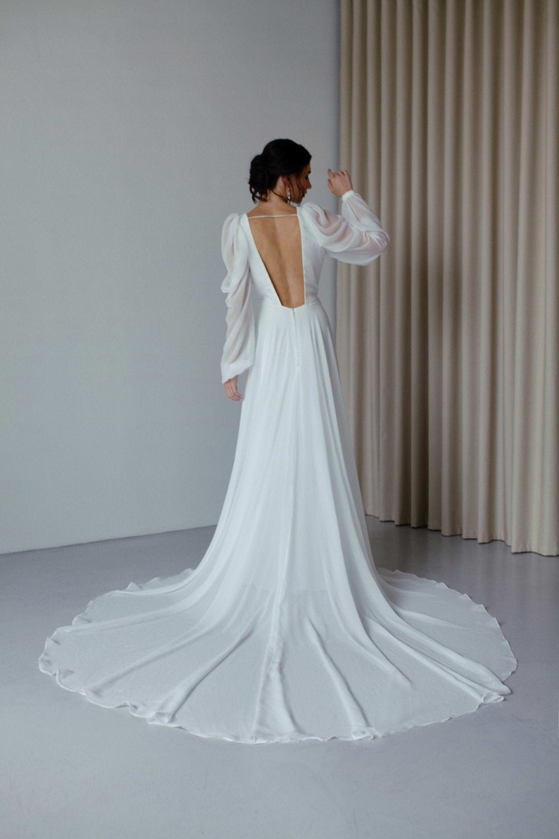 Open Back Long Sleeve V Neck Wedding Dress Modern Chiffon Wedding Dress ...
