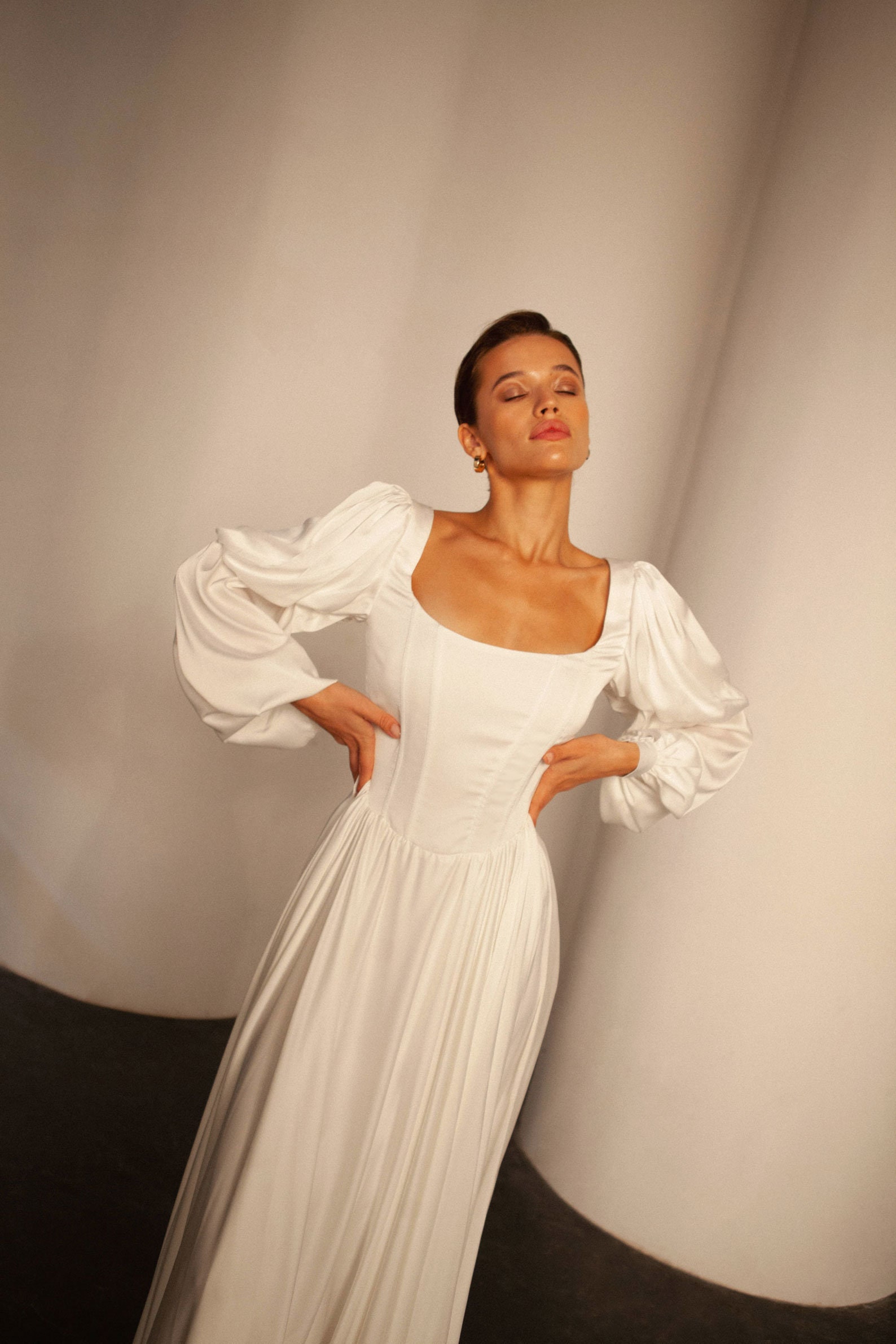 Fashion A Line Square Neck Satin Long Wedding Dresses VK24100403