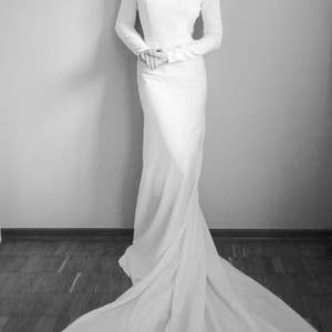 Minimalist crepe wedding dress Long sleeve mermaid bridal gown Simple modern classic wedding dress keyhole back train buttons MAGNOLIA image 5