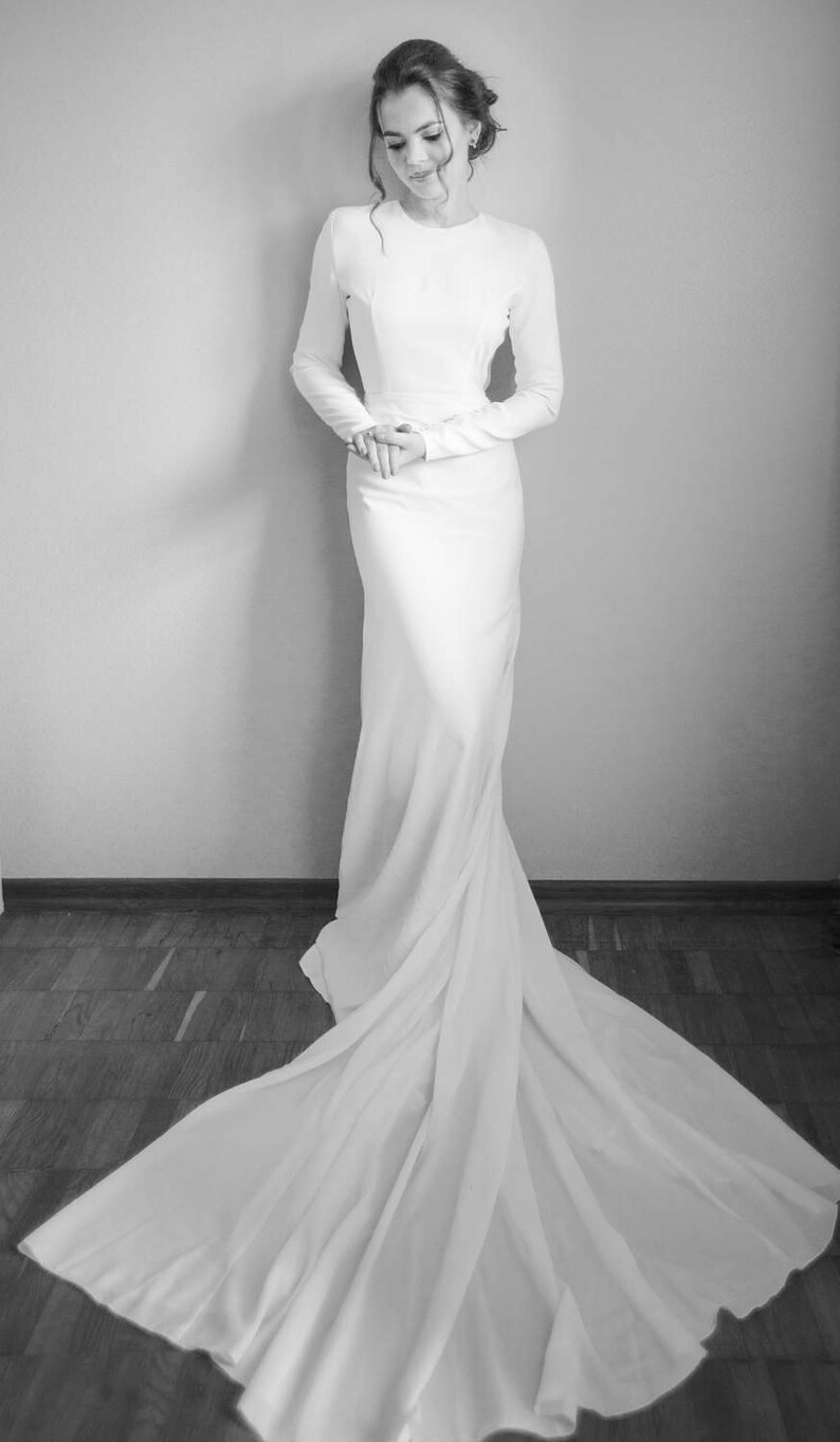 Minimalist crepe wedding dress Long sleeve mermaid bridal gown Simple modern classic wedding dress keyhole back train buttons MAGNOLIA image 5