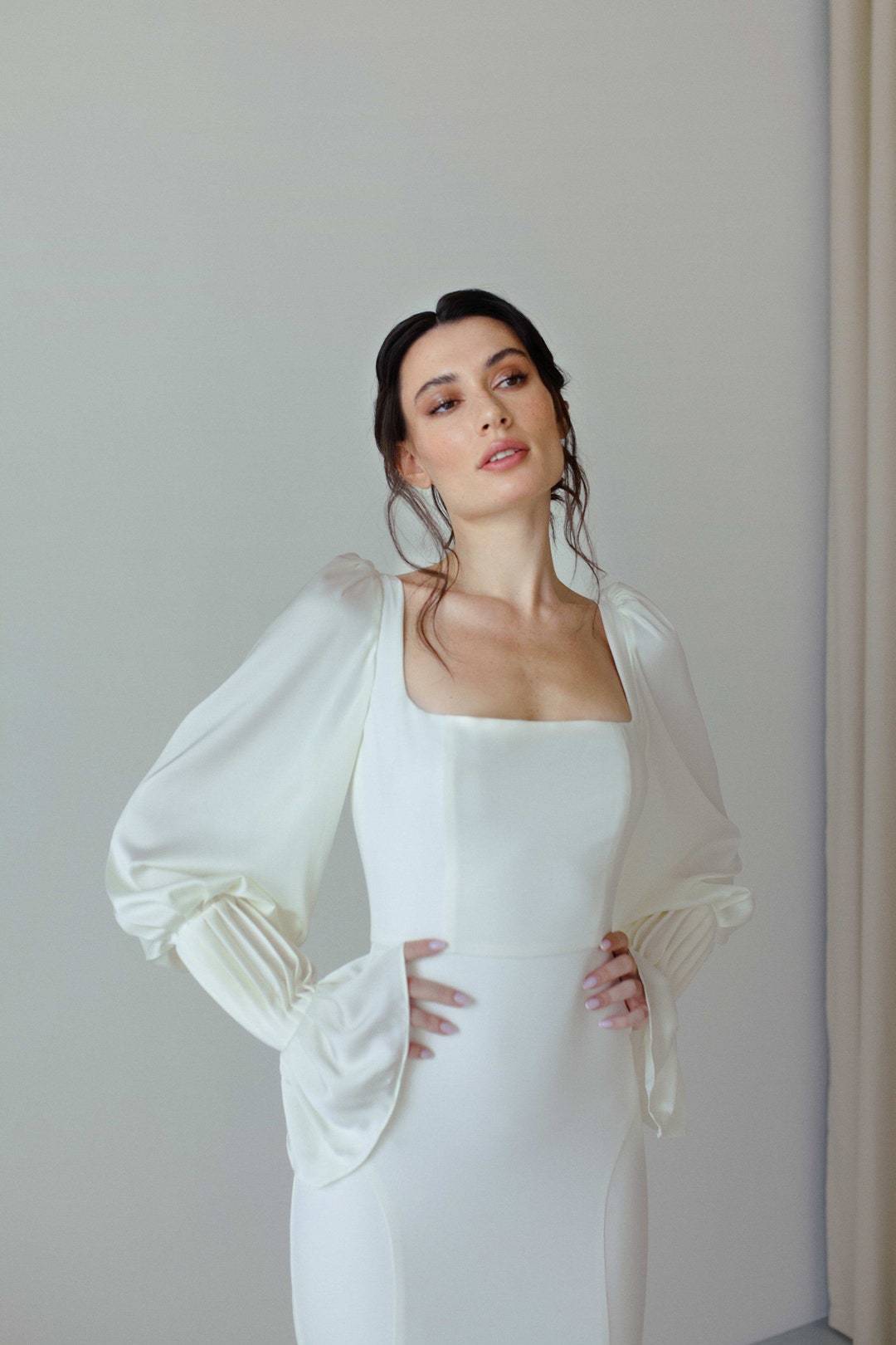 long sleeve square neck wedding dress Square Neckline Long Sleeve Wedding Dress Fitted Mermaid Wedding Dress  Minimalist Fit Flare Wedding Dress Simple Crepe Wedding Dress ELLA