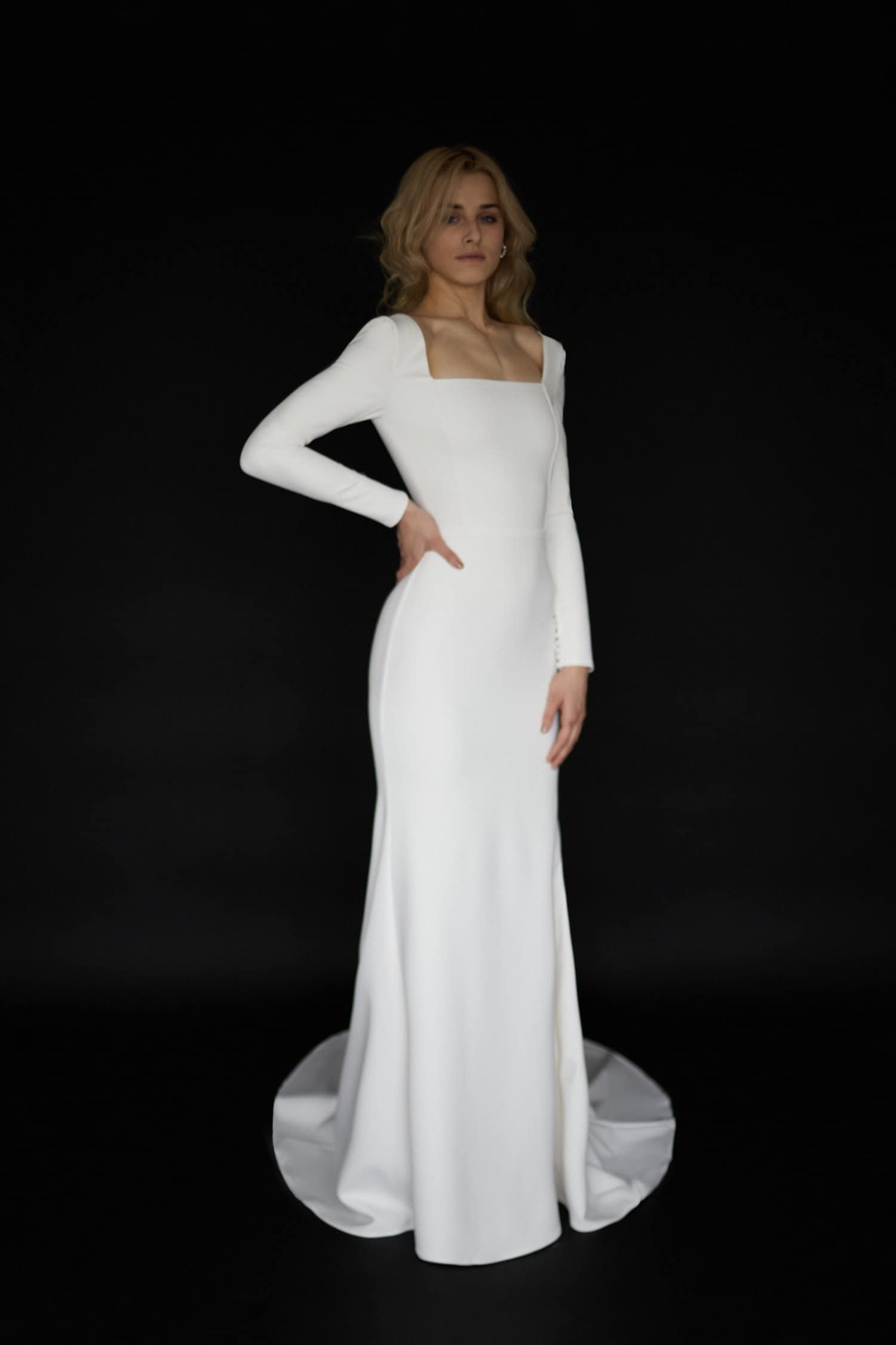 Long Sleeve Square Neck Wedding Dress Minimalist Crepe Wedding Dress Modern Mermaid Fitted Wedding Dress Square Neckline Bridal Dress April