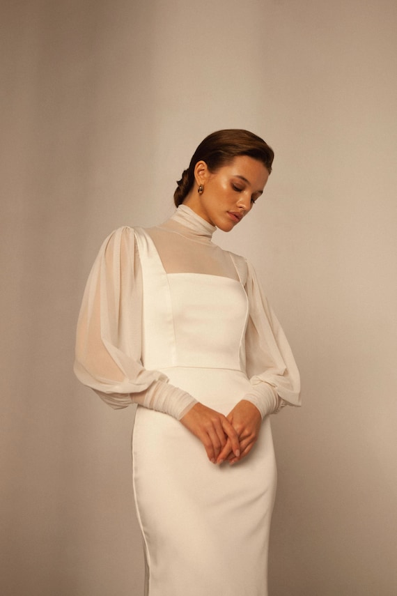 Bridal Tulle Top Sheer Long Sleeve Top for Square Neck Wedding