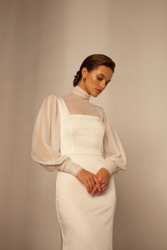 See Through Tulle Knee Length Sheer Round Long Sleeves Wedding Dress See Through Tulle Knee Length Sheer Round Long Sleeves Wedding Dress