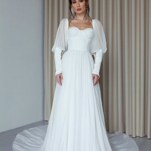 Seashell Cup Corset Wedding Dress A Line Long Train Puff Sleeve Lacing ...