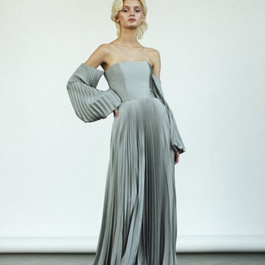 Gray Wedding dress Pleated off-shoulder wedding dress Steel grey satin boho bridal gown with pleated skirt off-the-shoulder long sleeve LUNA