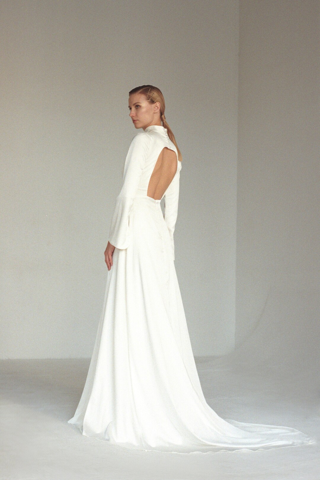 Satin Wedding Dress Boho Open Back Satin Wedding Dress With a Long ...