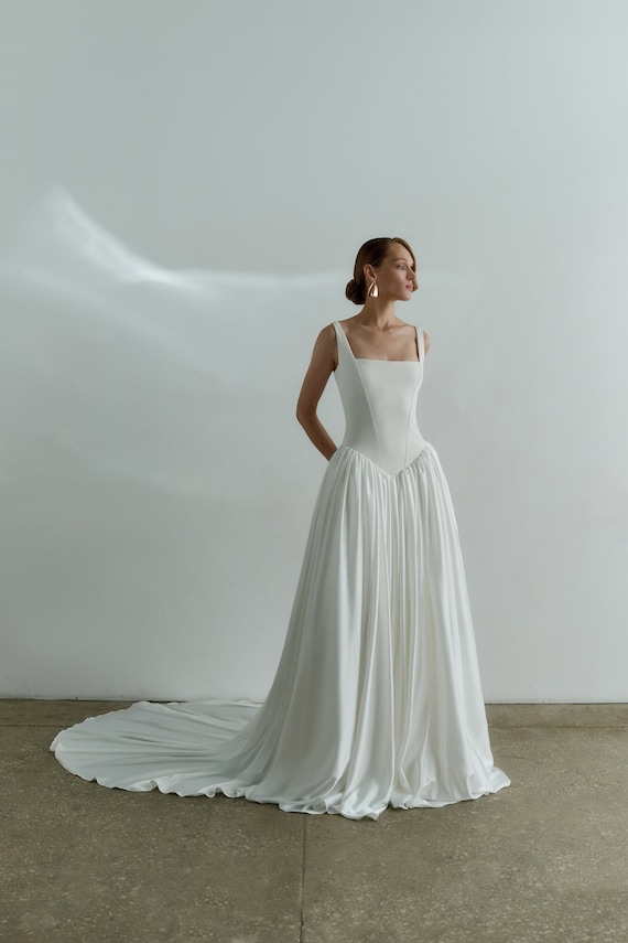 Drop Waist Wedding Dress Square Neck Wedding Dress Minimalist A-line  Wedding Dress Modern Crepe & Satin Dropped Waist Ball Wedding Gown LYNN 