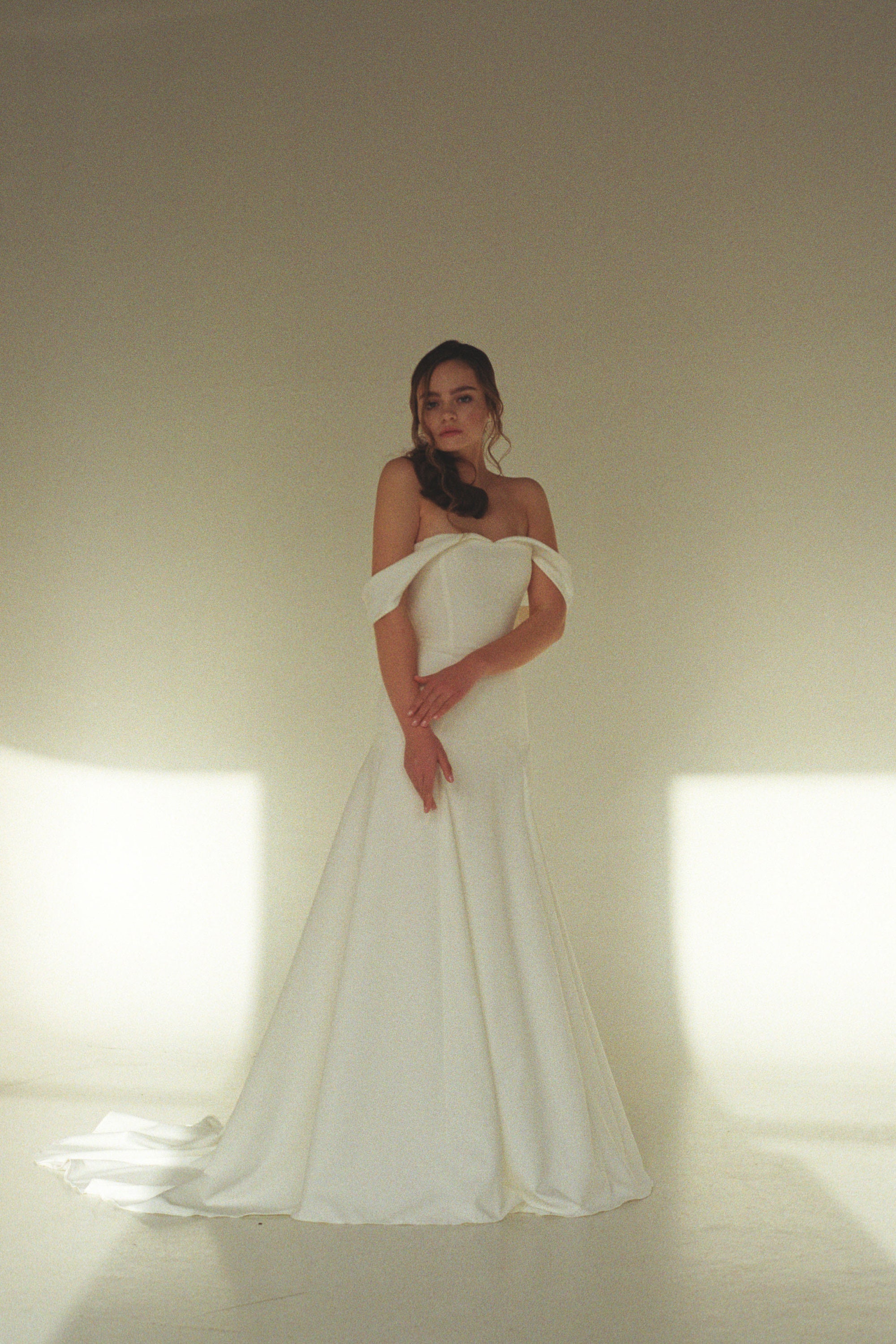 Minimalist White Off-the-Shoulder Wedding Dress