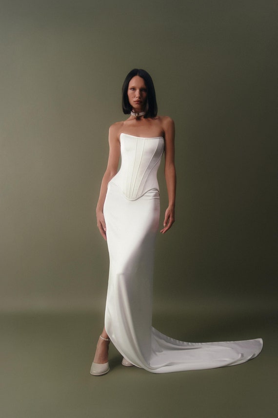 Sheath Column Satin Strapless Two Piece Wedding Dress With Slit Sheath Column Satin Strapless Two Piece Wedding Dress With Slit