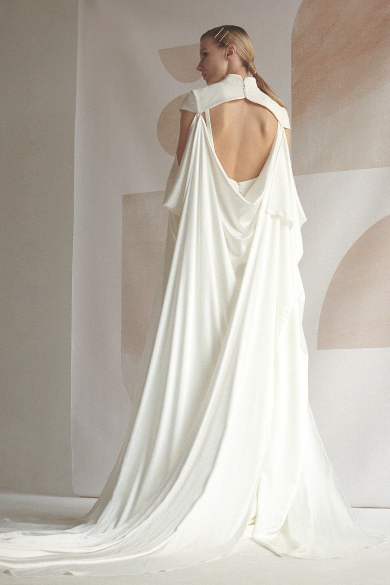 Bridal satin cape Minimalist cape for bride Wedding draped cover up in silk and crepe CLEMENTINE image 2