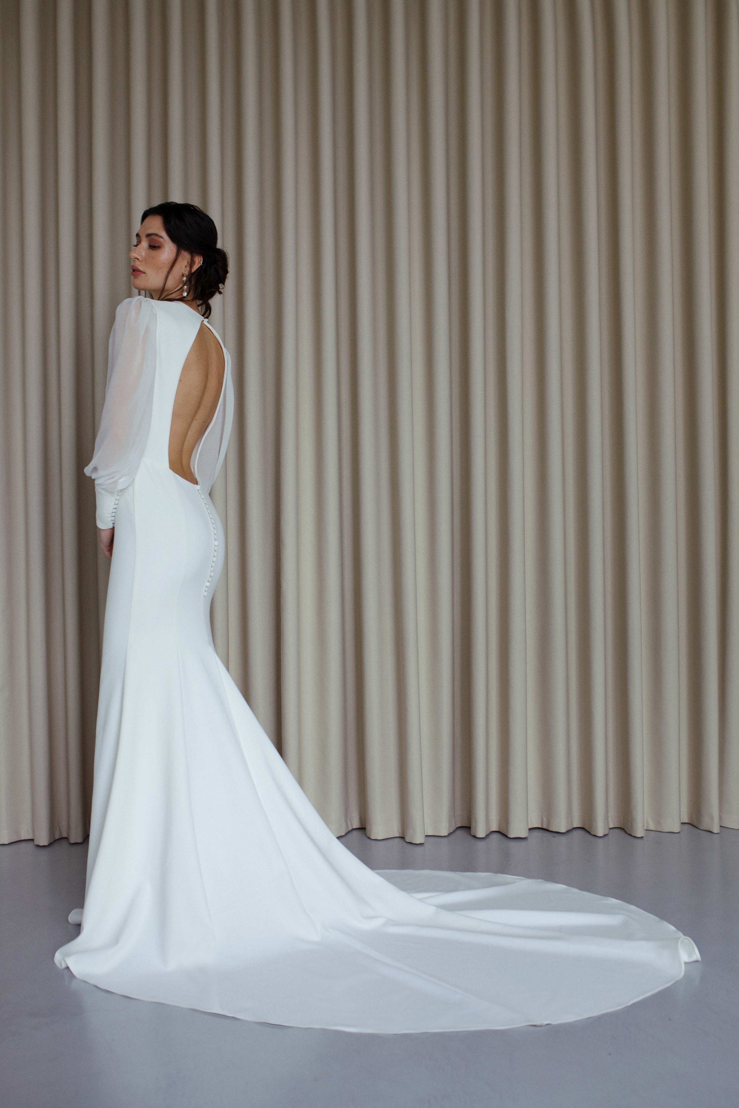 V neck long sleeve mermaid wedding dress Modern open back crepe wedding dress Minimalist fitted deep plunging neckline wedding gown FLORENCE