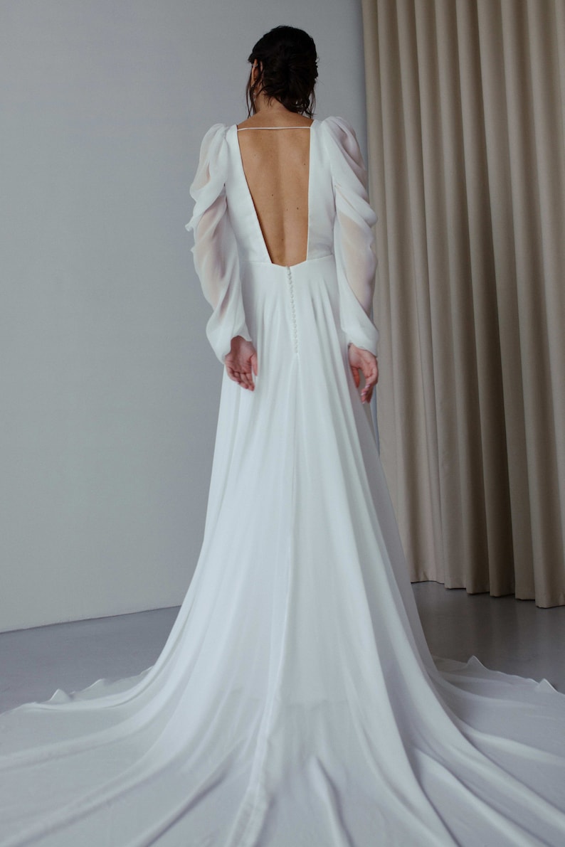 Open back long sleeve V neck wedding dress Modern chiffon wedding dress Simple Boho A line wedding dress Beach summer wedding dress SOPHIE image 6