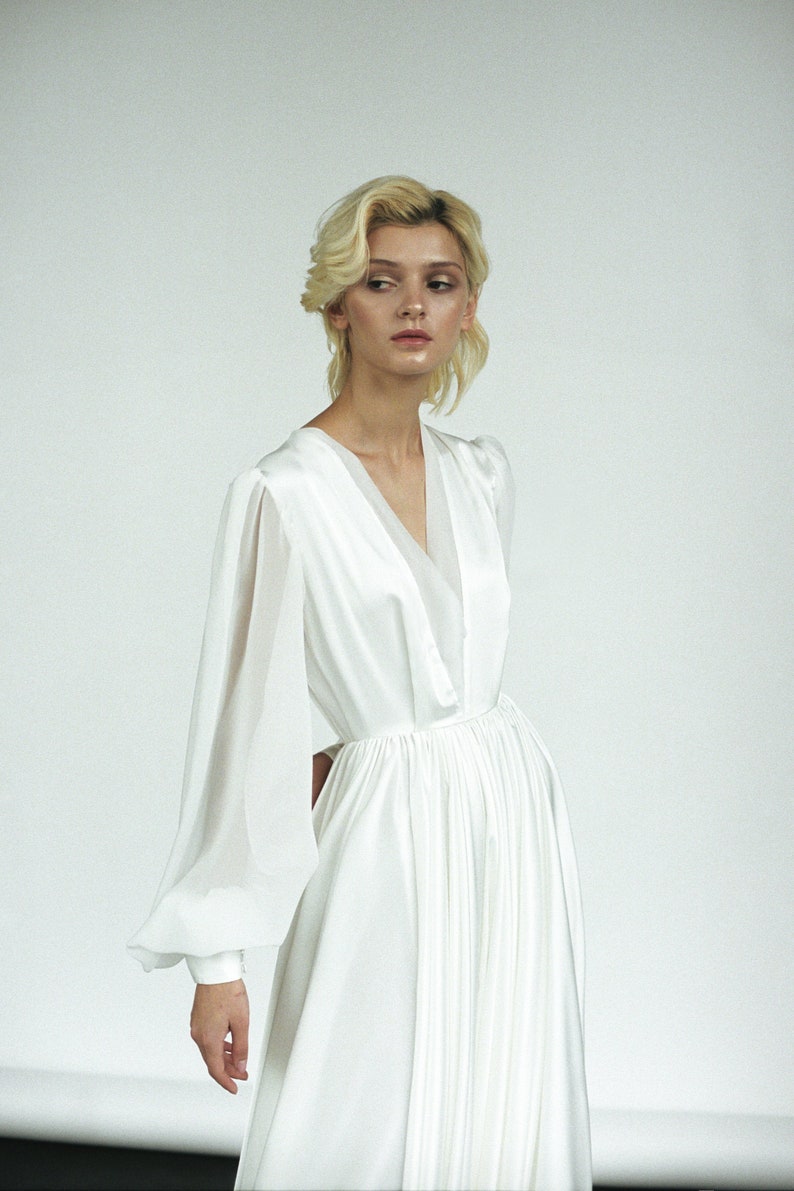 Romantic long sleeve wedding dress A-line satin vintage | Etsy
