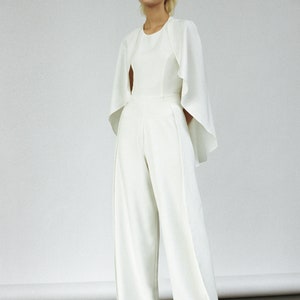 Modern bridal jumpsuit Minimalist off white wedding pantsuit cape Bridal trousers jumpsuit Ivory Crepe bridal jumpsuit Prom jumpsuit SIENNA image 9