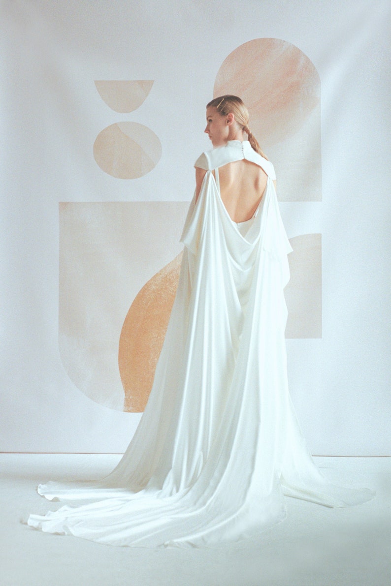 Bridal satin cape Minimalist cape for bride Wedding draped cover up in silk and crepe CLEMENTINE image 8