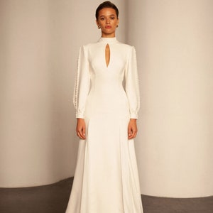 Modest Long Sleeve Wedding Dress High Neck Crepe Wedding Dress ...