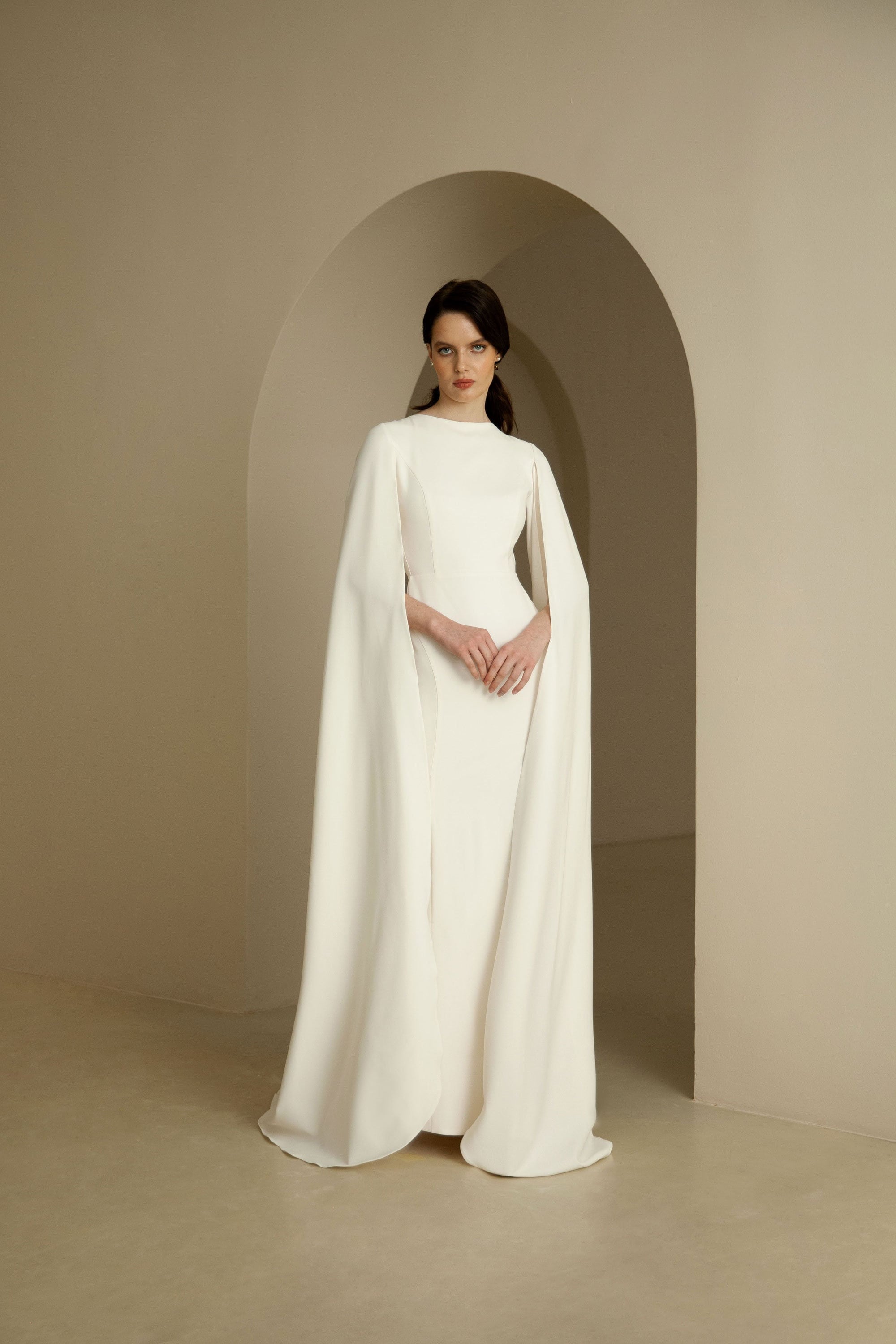 Cape Sleeve Wedding Dress Minimalist Crepe Wedding Dress Elongated