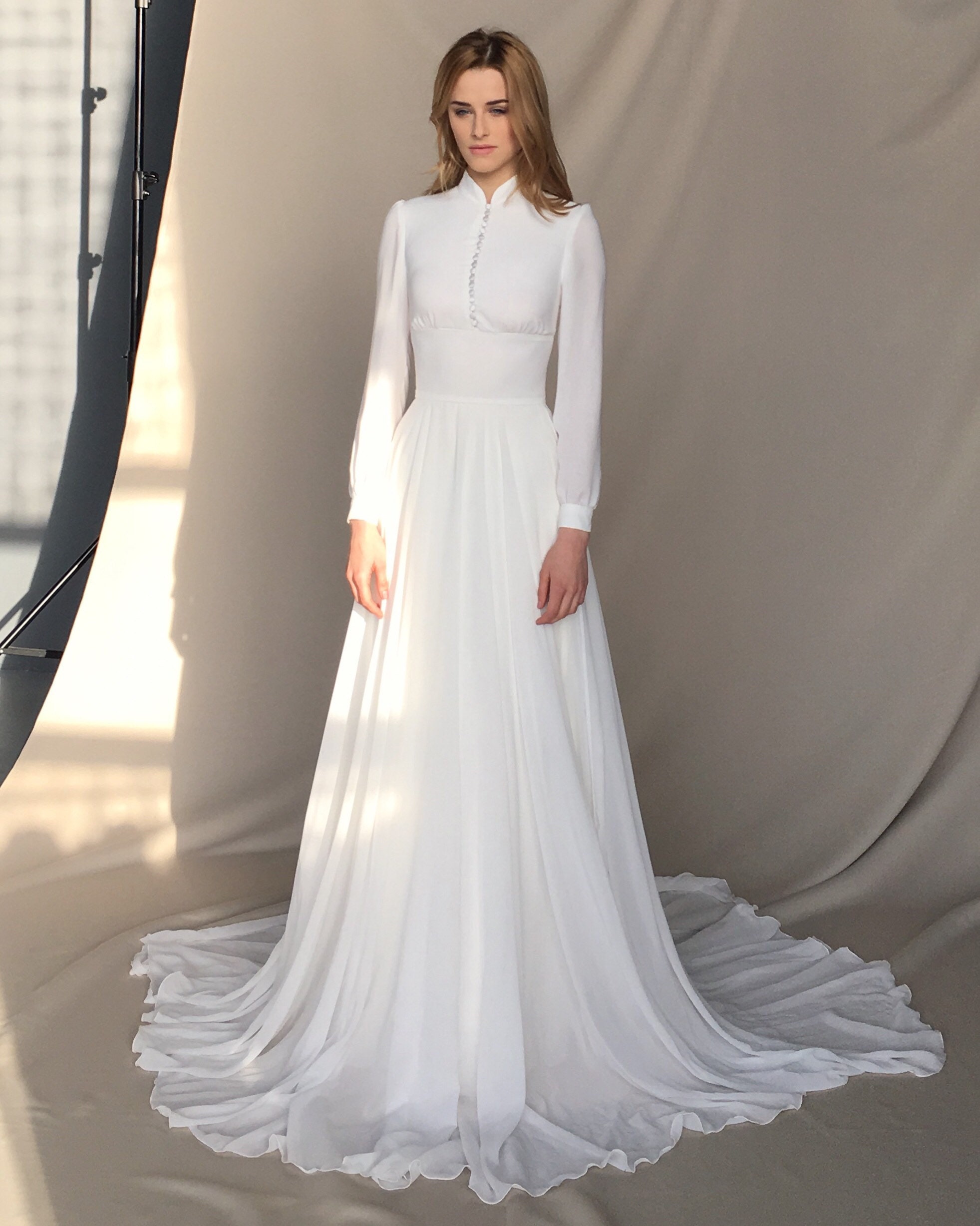 Long Sleeve Wedding Dress Chiffon Wedding Dress Button-up photo