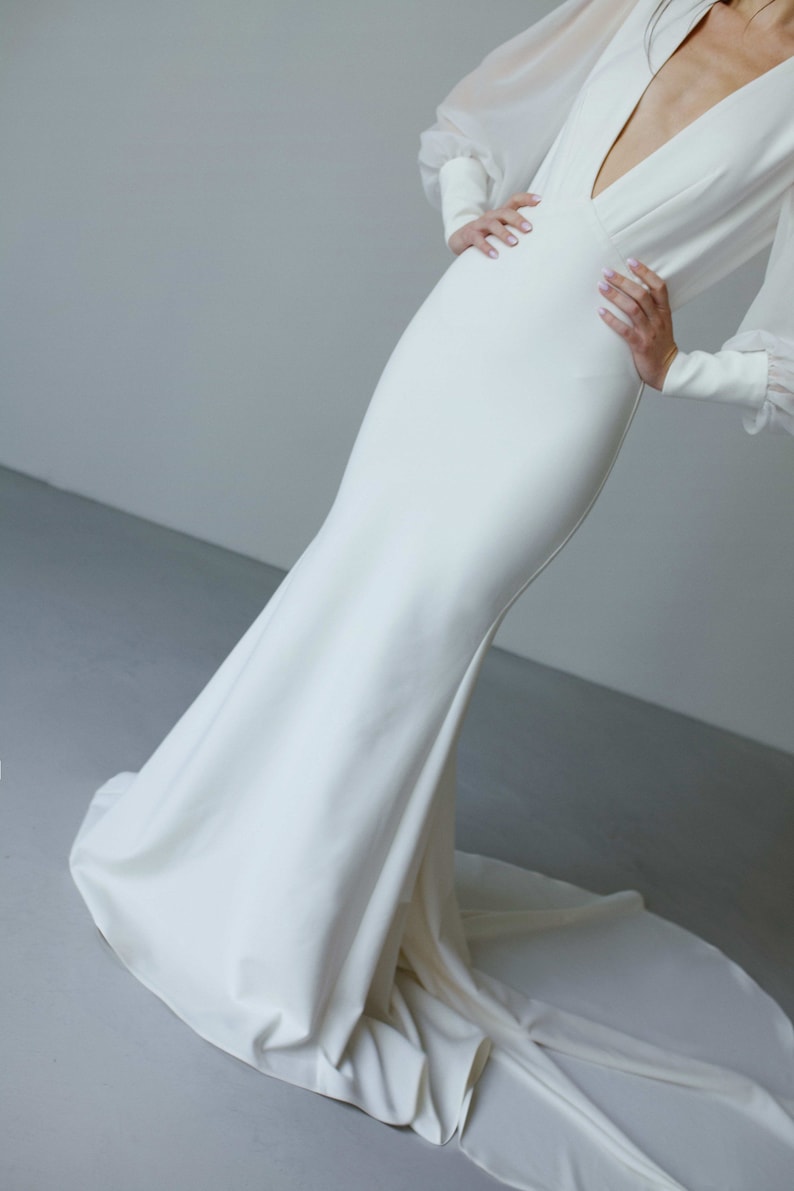 V neck long sleeve mermaid wedding dress Modern open back crepe wedding dress Minimalist fitted deep plunging neckline wedding gown FLORENCE image 8