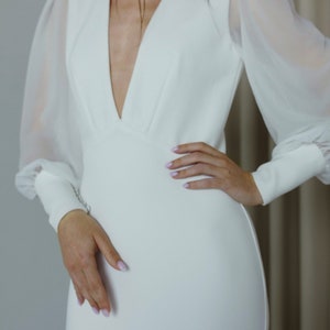 V neck long sleeve mermaid wedding dress Modern open back crepe wedding dress Minimalist fitted deep plunging neckline wedding gown FLORENCE image 5