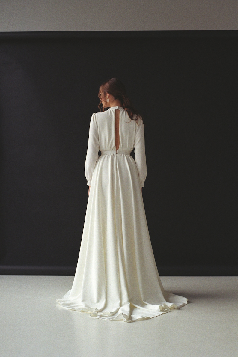 Long sleeve wedding dress Modest boho wedding dress Minimalist bridal gown Modern wedding dress for winter Crepe ivory wedding gown VESTA image 3
