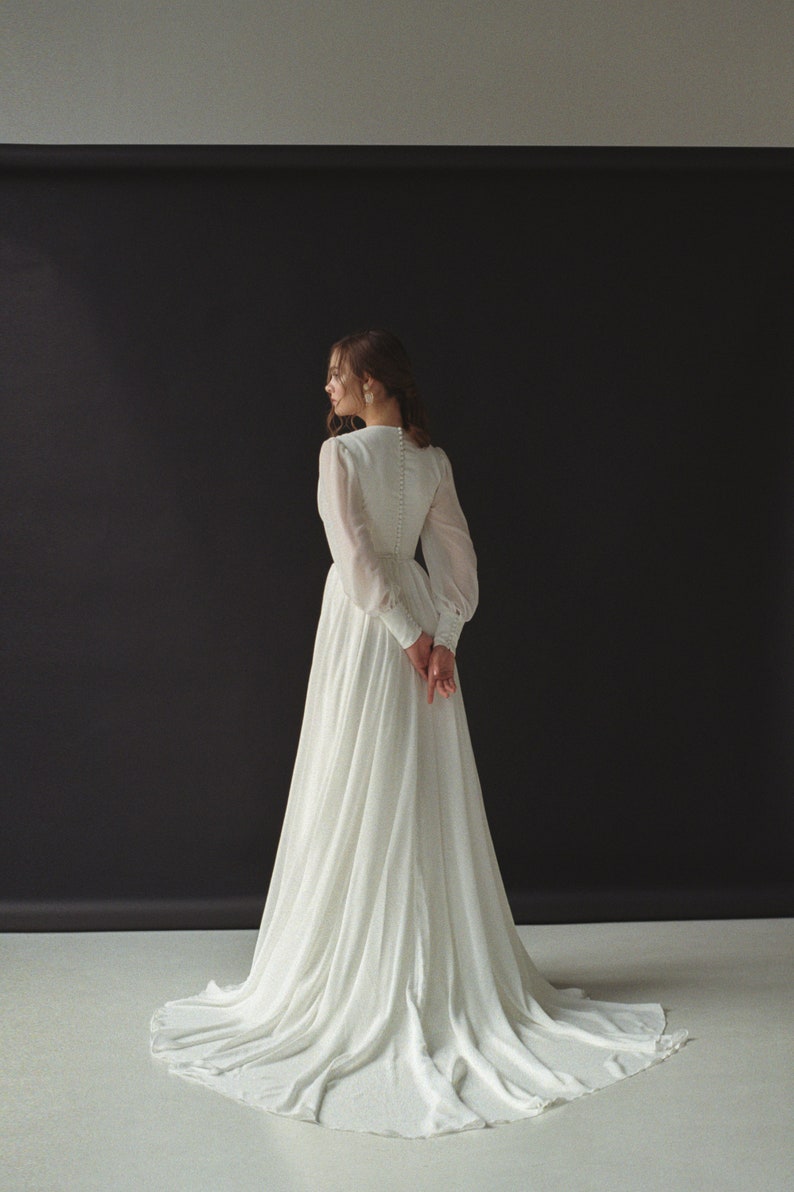 Long sleeve wedding dress Boho bishop sleeve wedding dress Bohemian V-neck wedding dress Chiffon wedding gown Modern minimalist dress THEIA image 2