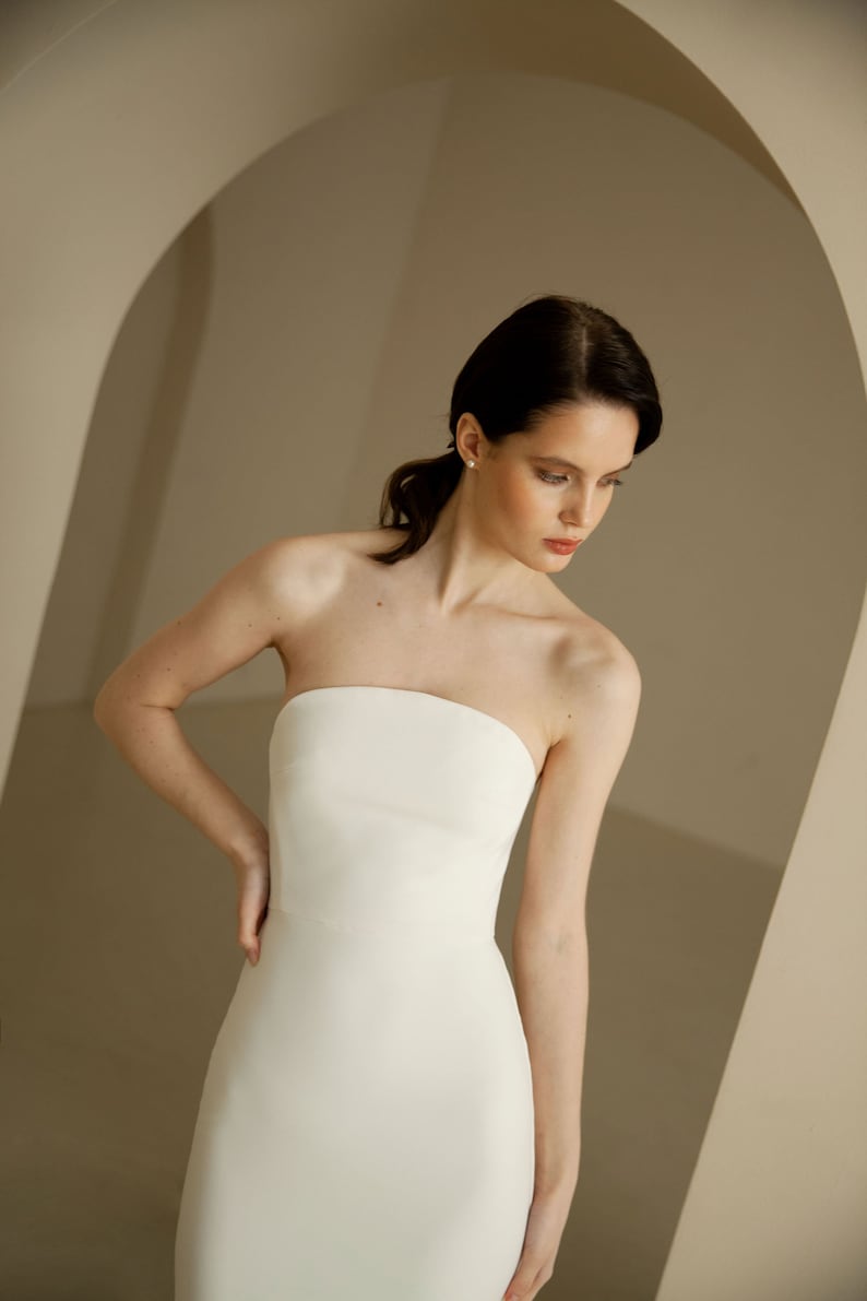 Minimalist strapless wedding dress with buttons down the back Modern crepe wedding dress Button back bridal gown Simple fit & flare gown EVE image 8