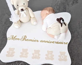 plaque carrée avec bébé miniature ourson pour anniversaire ou bapteme