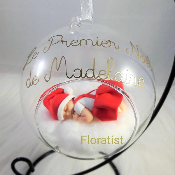 boule en verre ou plastique avec bebe en robe de Noël miniature mon premier Noel à personnaliser