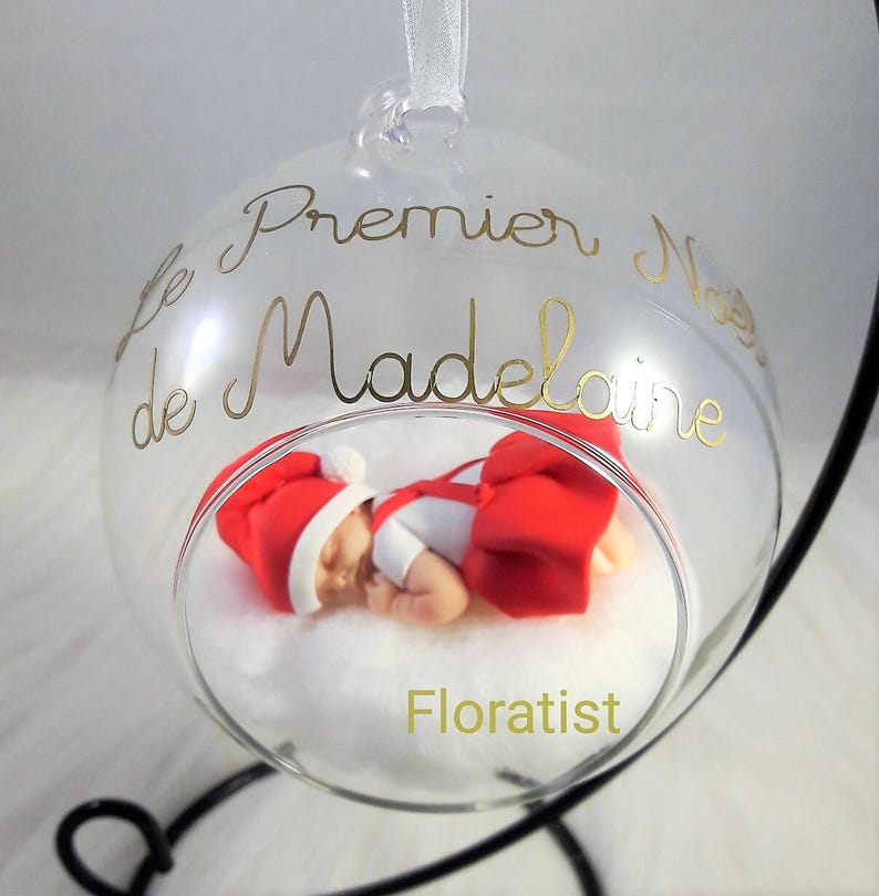 Boule En Verre Ou Plastique Avec Bebe En Robe De Noël Miniature Mon Premier Noel à Personnaliser