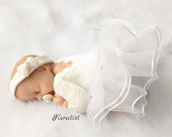 SEVERAL MODELS Baby girl Eléna with white baptism dress miniature in fimo to personalize for baptism, birthday, birth