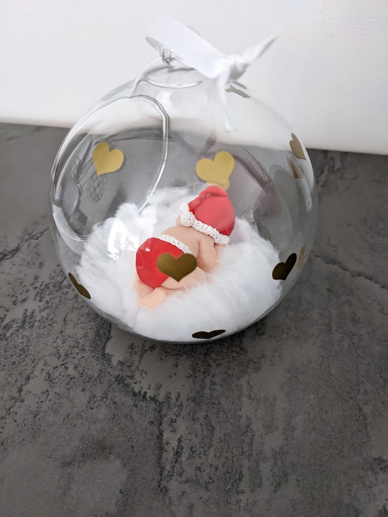 glass ball with baby diaper and miniature Christmas hat my first Christmas to personalize image 2