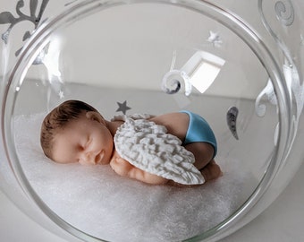 bougeoir ange  en verre avec bebe ange miniature à personnaliser