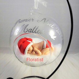 glass ball with baby diaper and miniature Christmas hat my first Christmas to personalize image 7