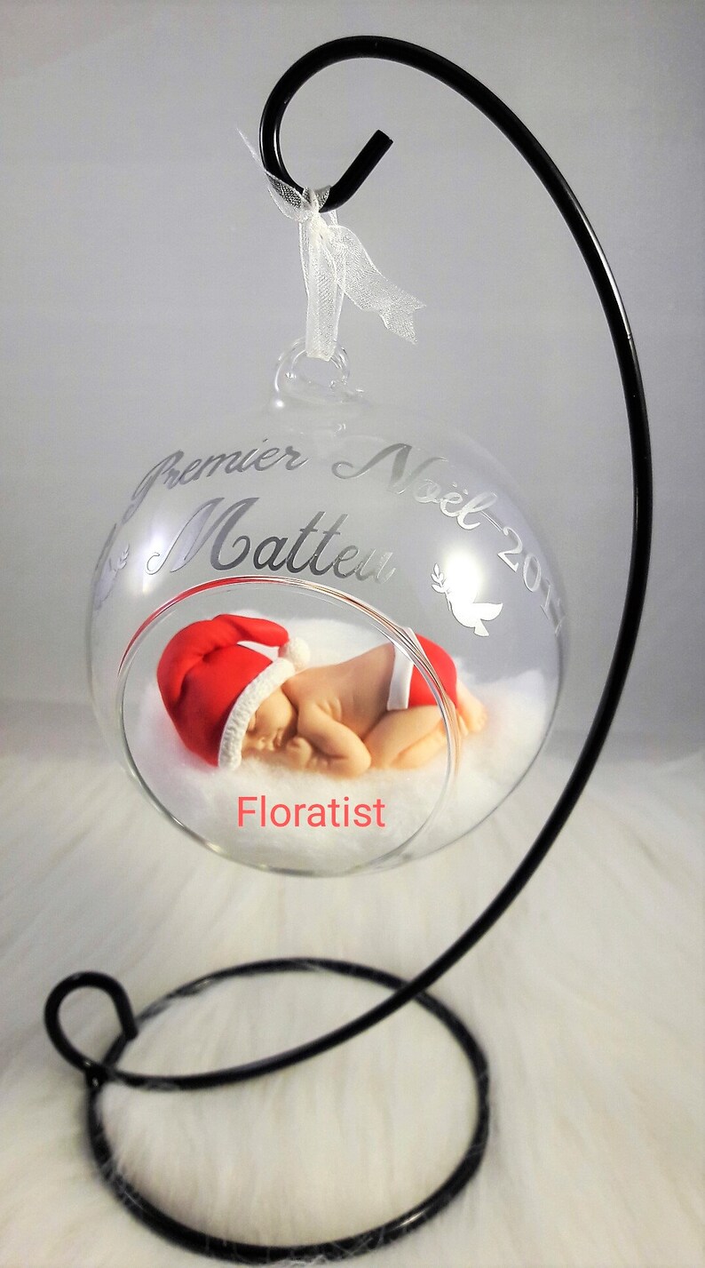 glass ball with baby diaper and miniature Christmas hat my first Christmas to personalize image 7