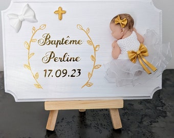 easel plaque with baby girl and gilding for birth, baptism birthday