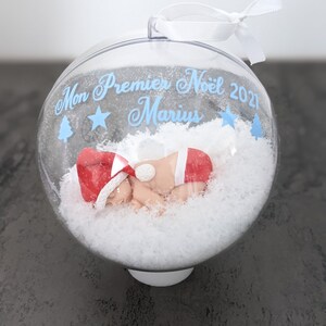 glass ball with baby diaper and miniature Christmas hat my first Christmas to personalize boule plastiq 10 cm