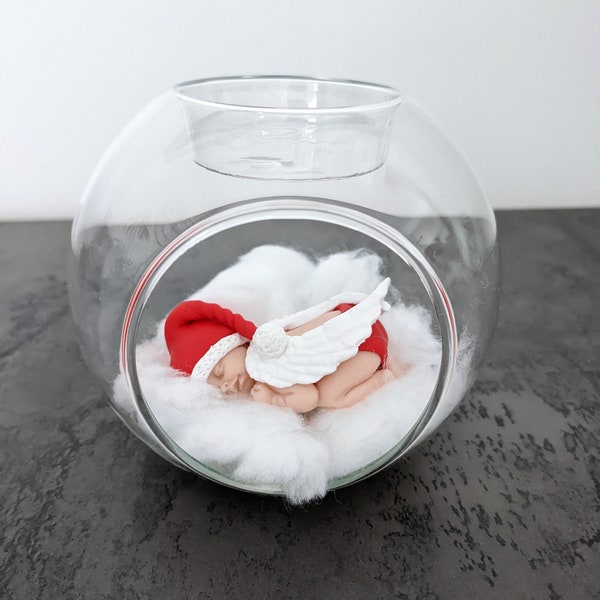 bougeoir ange de Noël en verre avec bebe ange miniature à personnaliser