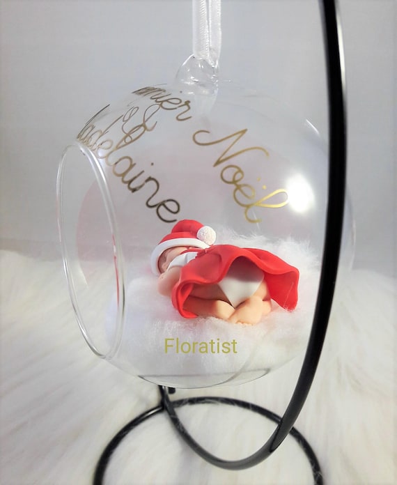 Boule En Verre Ou Plastique Avec Bebe En Robe De Noël Miniature Mon Premier Noel à Personnaliser