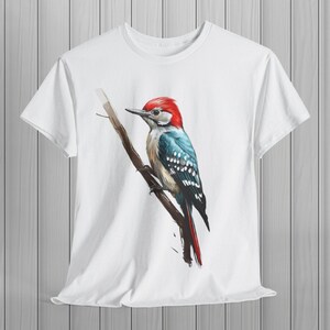 Woodpecker Unisex Cotton Tee, Bird T-Shirt, Nature Lover Gift, Casual Wear, Birdwatching Apparel, Colorful Bird, Unique Wildlife Design