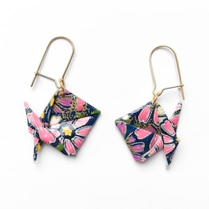 Blue and multicolored origami fish earrings, paper jewelry, handmade French