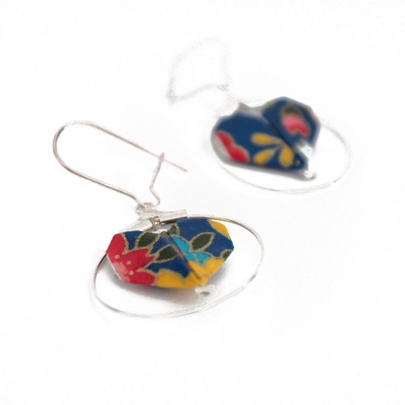 Hearts origami navy and multicolored creole earrings engagement gift Japanese jewelry paper earrings Valentine/'s day gift for woman